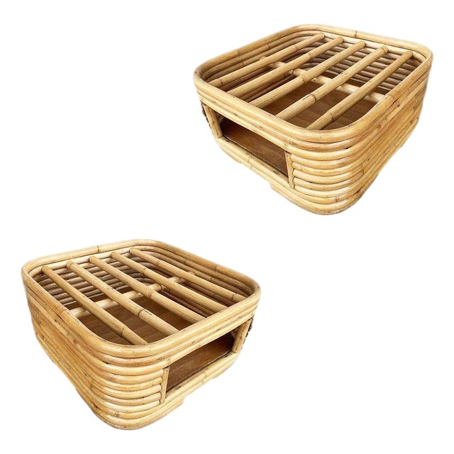 1950s Restored Stacked Rattan Footrest Ottoman With Cubby Space, Pair For Sale