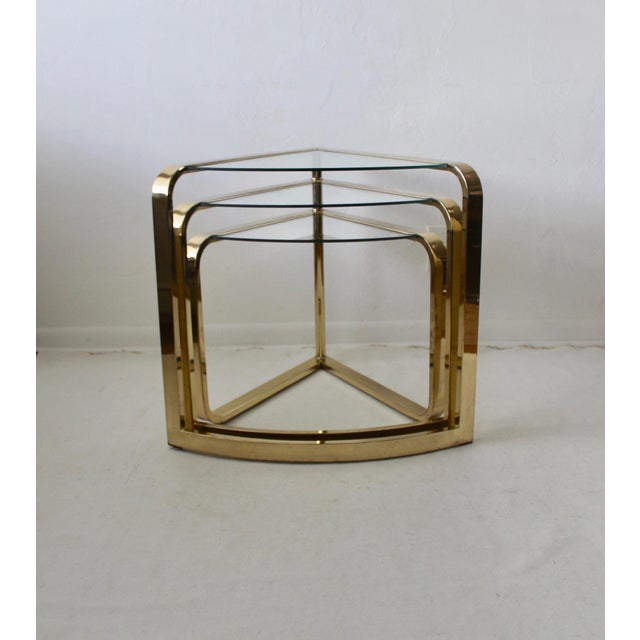 Postmodern 1980s Fan Nesting Table by Design Institute of America Three Tier Brass Flat Bar Glass Expandable For Sale - Image 3 of 12