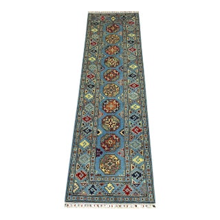 Blue and Burgundy Bokhara Wool Runner Rug With Tribal Gul Motifs, 2'11" X 9'7" For Sale