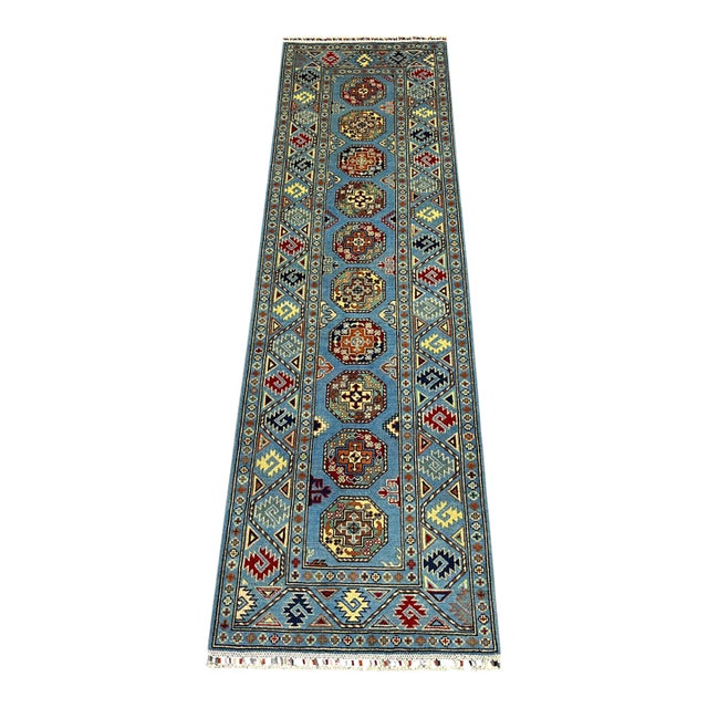 Blue and Burgundy Bokhara Wool Runner Rug With Tribal Gul Motifs, 2'11" X 9'7" For Sale