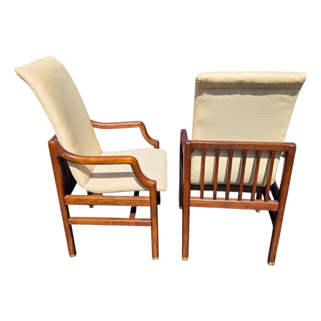 1980s 2 Henredon Scene One Campaign Dining Room Armchairs MCM Oak Brass For Sale