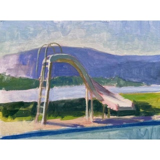 Summer by Riley Doyle | Acrylic on canvas panel Water slide by a lake with mountains in the background For Sale