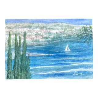 “Sailing the Azure Coast” Original Watercolor Seascape by Nancy Smith For Sale