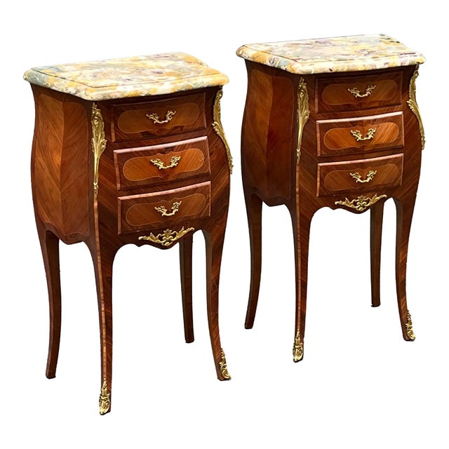 Antique Pair of french Louis XV style inlaid side tables or nightstands. Parisian cabinetmaker masterpiece work from the...