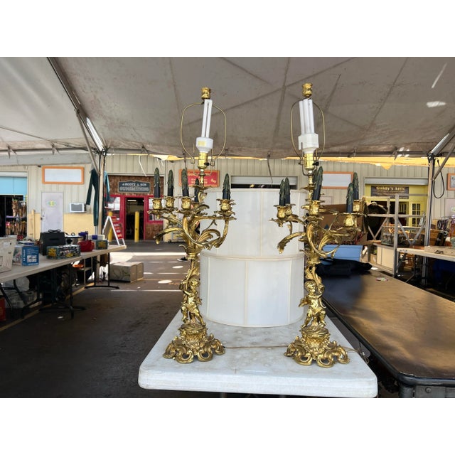 Pair of French Gilt Bronze Figural Candelabra Table Lamp With Cherub For Sale - Image 4 of 6