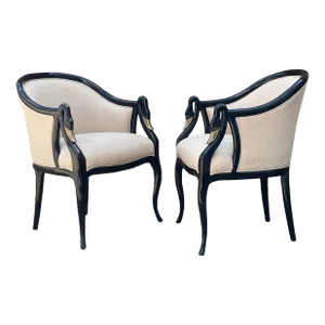 Black Lacquer Gold Leaf Swan-Neck Armchairs - a Pair