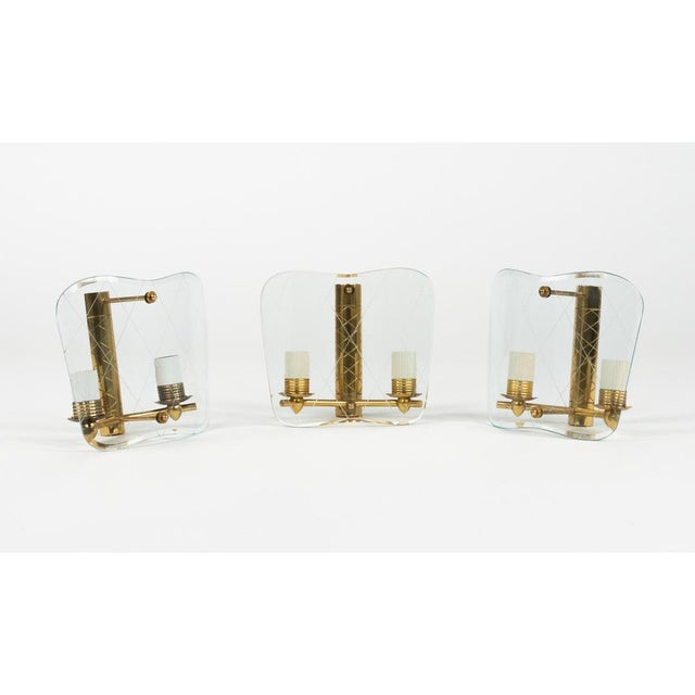 Mid-Century Brass & Curved Glass Sconces in the style of FontanaArte, Italy, 1950s, Set of 3 For Sale - Image 10 of 18