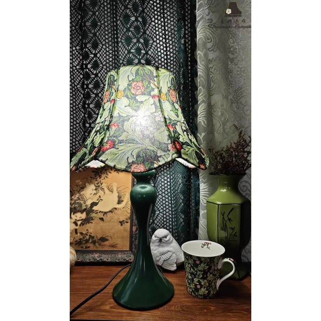 Retro Floral Fabric & Dark Green Ceramic Lamp For Sale - Image 4 of 6