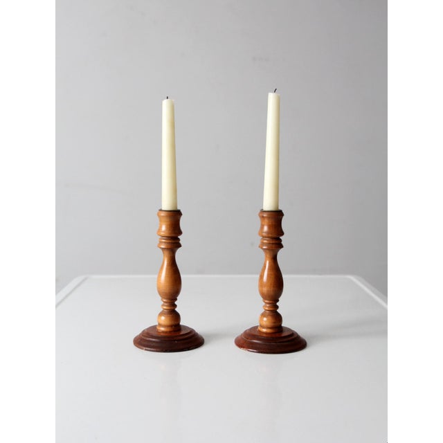 Vintage Turned Wood Candlestick Holders Pair For Sale - Image 11 of 13