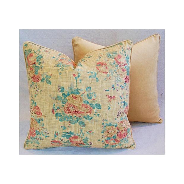 Ralph Lauren Floral Linen & Velvet Feather/Down Pillows 24" Square Pair Chairish