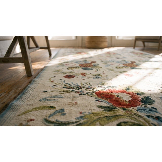 Late 19th Century 1890s White Ivory Floral Antique English Needlepoint Rug 5'9" X 12'8 Flatweave Wool Carpet For Sale - Image 5 of 7