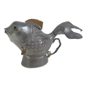 Chinese Pewter Koi Gold Fish Teapot or Pitcher With Gemstone Eyes