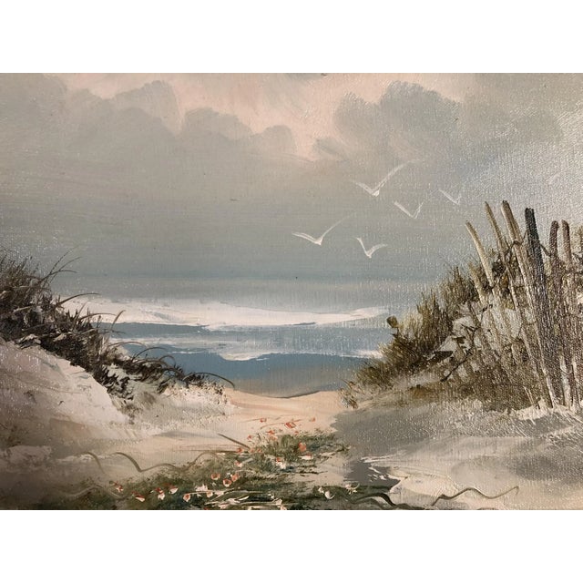 Mid-Century Realism beach artwork scenic landscape oil on board in its original dark stained frame, Signed Anderson. Size:...