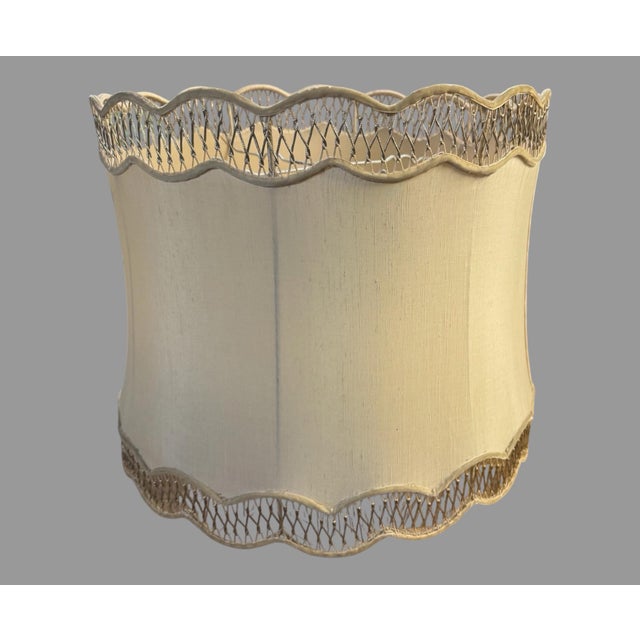 Late 20th Century Vintage 20” Scalloped Silk Lamp Shade Lattice Openwork Trim Large 16” Tall For Sale - Image 5 of 5