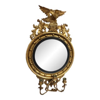 19th Century Federal Convex Bullseye Mirror With Eagle Pediment and Three Candle Holders For Sale