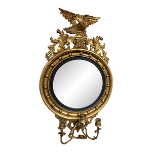 19th Century Federal Convex Bullseye Mirror With Eagle Pediment and Three Candle Holders