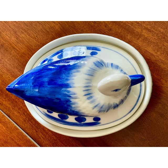 Mid 20th Century Chinoiserie Blue and White Duck Covered Dish For Sale - Image 5 of 7