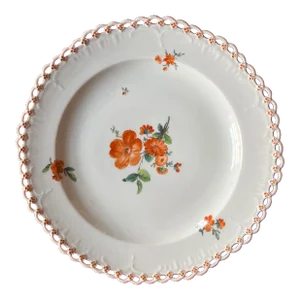 Antique 19th Century Kpm Berlin Porcelain Plate With Hand Painted Flowers and Reticulated Border