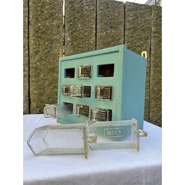 Wood Small Wall Shelf in Turquoise Lacquered Wood with 9 Glass Bins, 1960s, Set of 10 For Sale - Image 7 of 11