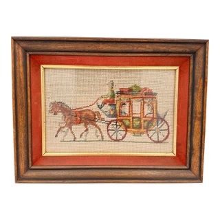 Vintage Framed Horse-Drawn Stagecoach Needlepoint For Sale
