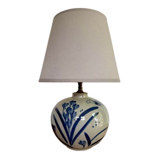 Vintage Hand Painted Pottery Lamp With Shade For Sale