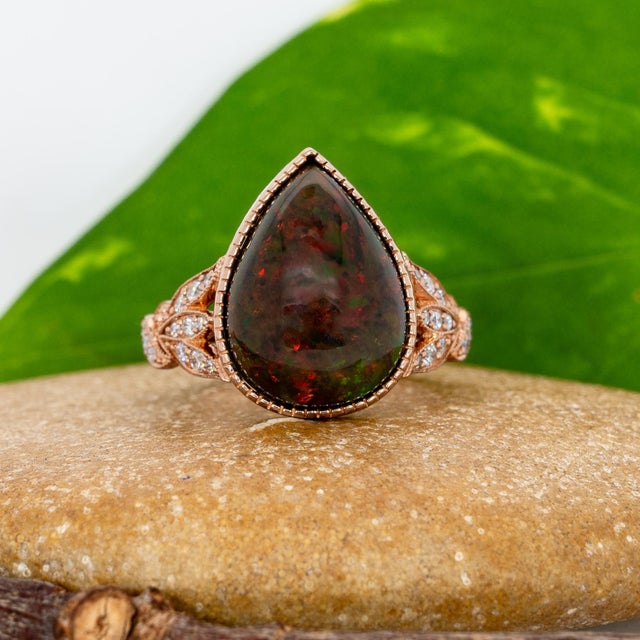 Metal 6.2ct Ethiopian Black Opal Ring With Natural Diamonds Accents: Solid 14k Gold, Size 6.75 For Sale - Image 7 of 11
