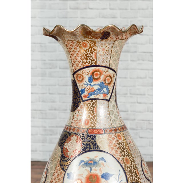 Blue Tall Vintage Chinese Vase with Hand Painted Blue, Orange and Gold Floral Decor For Sale - Image 8 of 11