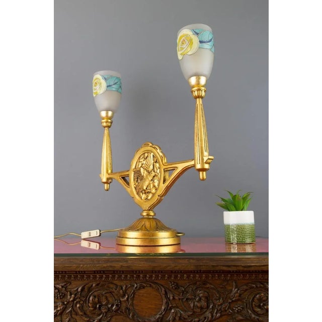 Art Deco Carved Wood and Frosted Enamel Table Lamp, 1930s For Sale - Image 16 of 18