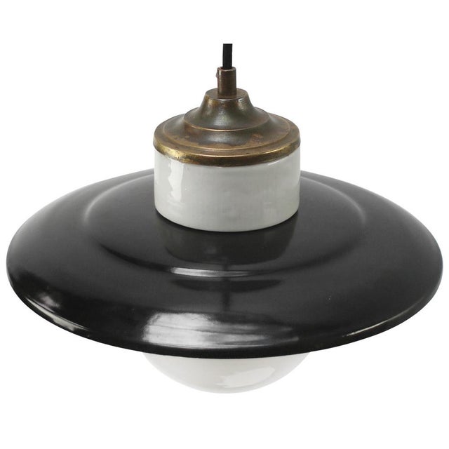 Mid-Century Modern Vintage Black Enamel, Opaline Glass, Porcelain & Brass Pendant Lamp For Sale - Image 3 of 7