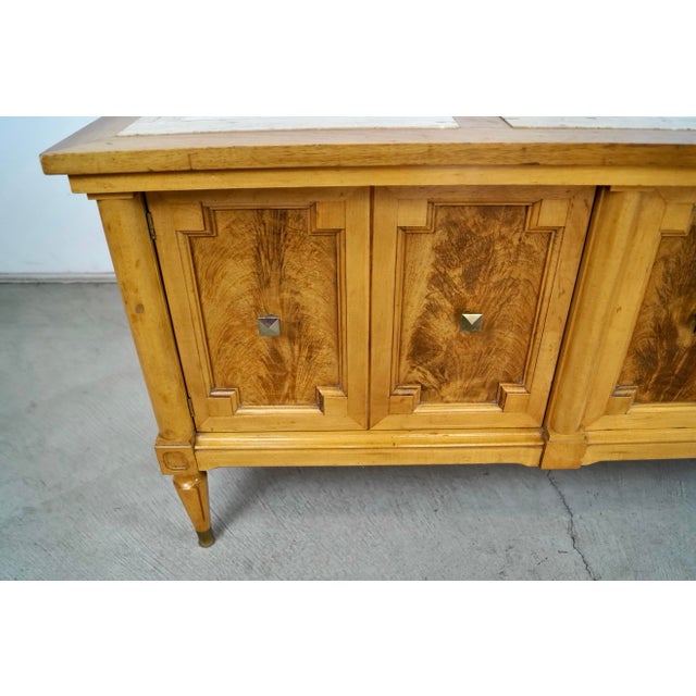 1960’s Hollywood Regency Burl Wood & Travertine Credenza / Low Console Table For Sale - Image 10 of 12