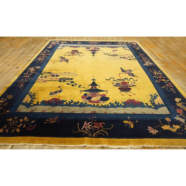 1920s Chinese Art Deco Carpet 9'x 11' 7" Antique Chinese - Art Deco Yellow Room Size 1920s Rectangle Wool Knotted Rug,...