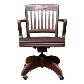 Antique Solid Oak Banker's or Library Swivel Desk Chair c.1940 For Sale