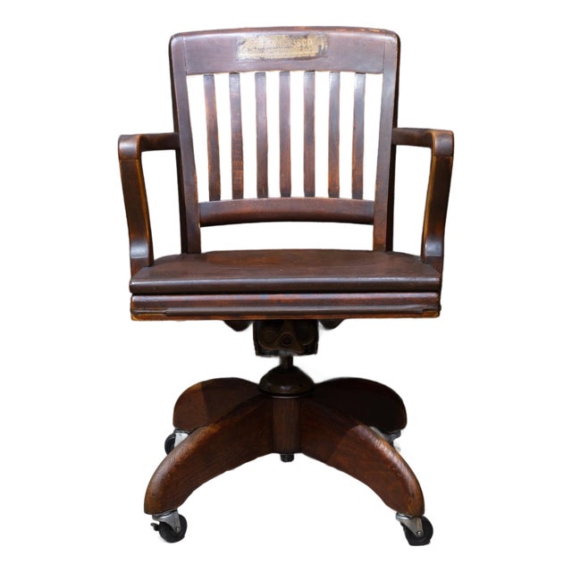 Antique Solid Oak Banker's or Library Swivel Desk Chair c.1940 For Sale