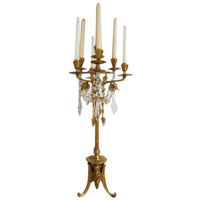 French Empire Neoclassical 7-Light Candelabra in Gilt Bronze and Crystal For Sale