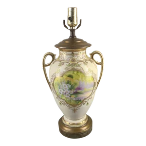 Early 20th Century Hand Painted Scenic Floral Gilded Nippon Porcelain Table Lamp Brass Base