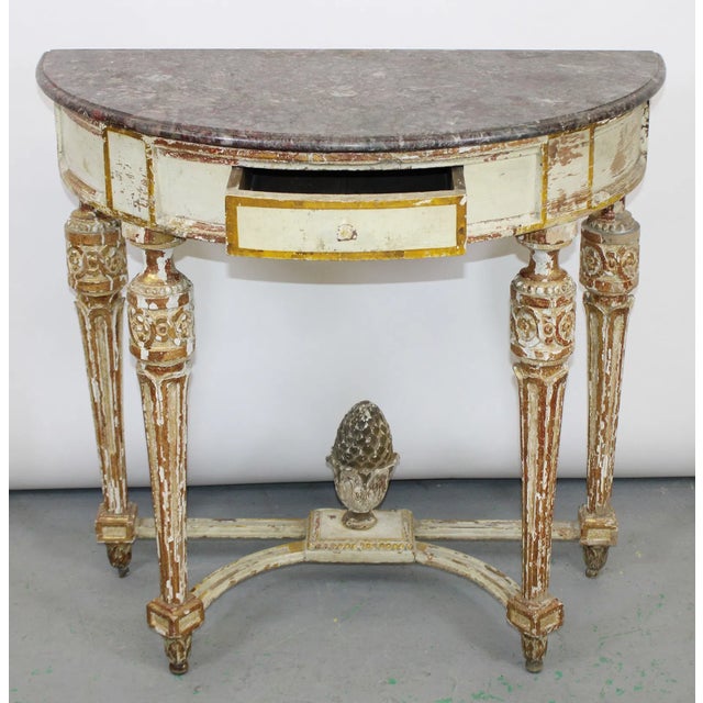 19th Century Louis XVI Style Painted and Parcel-Gilt-Demi-Lune Console Table For Sale - Image 4 of 7