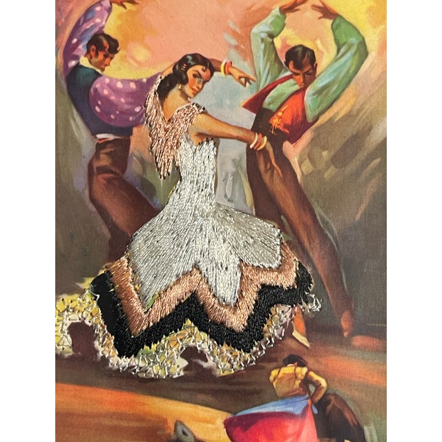1920s Pair Antique Spanish Embroidered Flamenco Dancers Postcards Framed For Sale - Image 5 of 7