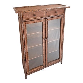 Late 20th Century British Colonial Style Faux Tortoise Bamboo Rattan Display Cabinet Shelving Drawers Glazed Doors Vitrine For Sale