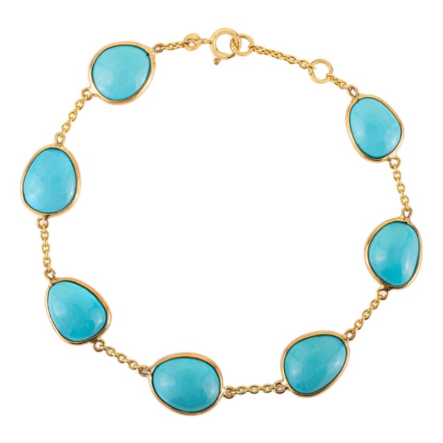 Classic 13.7ct Turquoise Cabochon Bezel Set Station Bracelet in 14k Yellow Gold For Sale