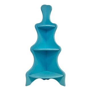 1950s Americana Arts & Crafts Wood Wall-Mounted Corner Shelf, Newly Painted Tiffany Blue For Sale