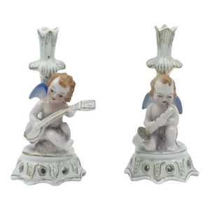 Pair Early 20th Century Porcelain Miniature Cherub Figurines Statues Playing Instrument