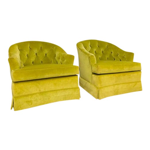 Vintage Mid Century Drexel Heritage Chartreuse Velvet Swivel Chairs a