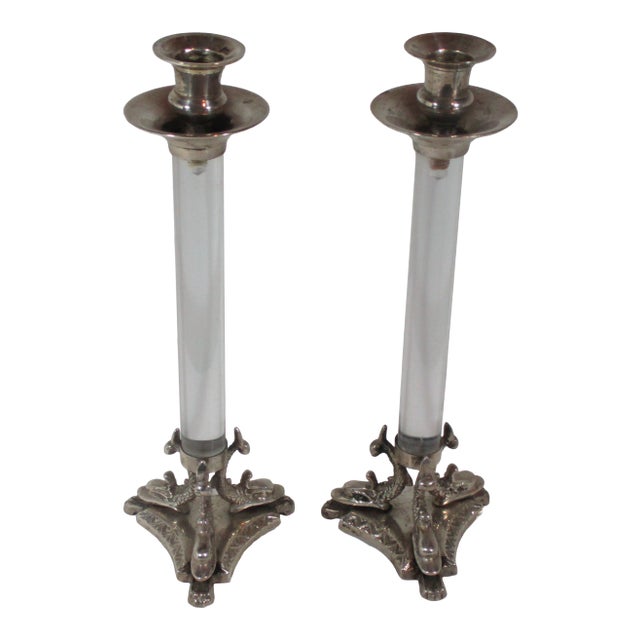 Vintage Lucite & Silverplate Sea Serpent Candle Holders- a Pair For Sale