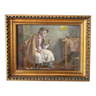 Andor Horvath Hungarian 1876-1966 -a Sip of Wine and a Smoke- Oil on Board For Sale