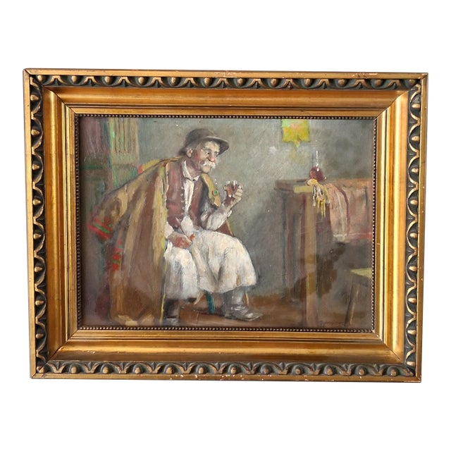 Andor Horvath Hungarian 1876-1966 -a Sip of Wine and a Smoke- Oil on Board For Sale