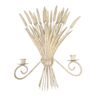 Vintage Metal Sheaf of Wheat Beige 2 Arm Candle Wall Holder For Sale