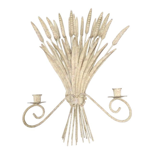 Vintage Metal Sheaf of Wheat Beige 2 Arm Candle Wall Holder For Sale