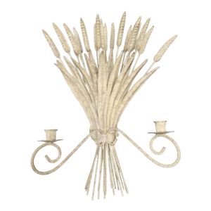 Vintage Metal Sheaf of Wheat Beige 2 Arm Candle Wall Holder