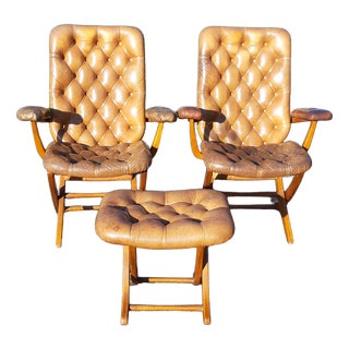 Chesterfield Leather Armchairs and Pouf, 1930, Set of 3 For Sale