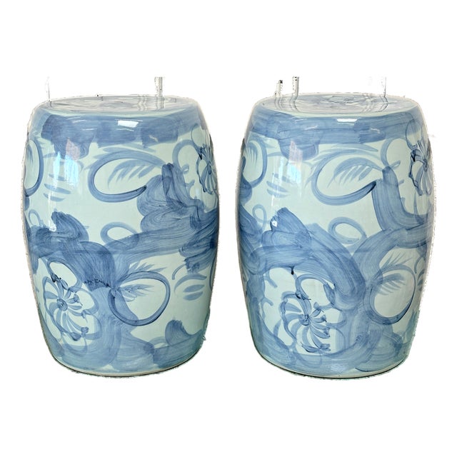 Coastal Abstract Lotus Garden Stools - A Pair For Sale